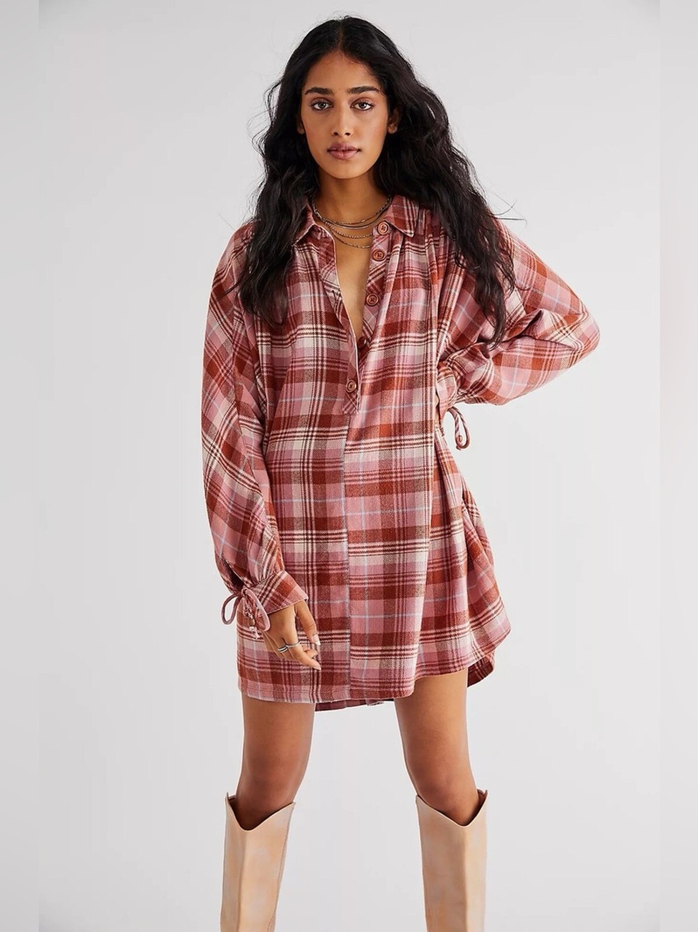 Free People Zoey Plaid Mini Dress Pink Rust Oversized Flannel Shirt Dress Boho